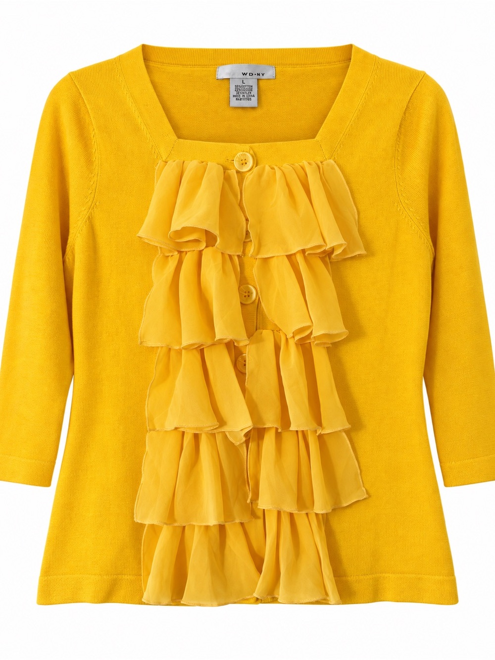 WD.NY Yellow Tiered Ruffle Cardigan Sweater Cotton Blend Size L
